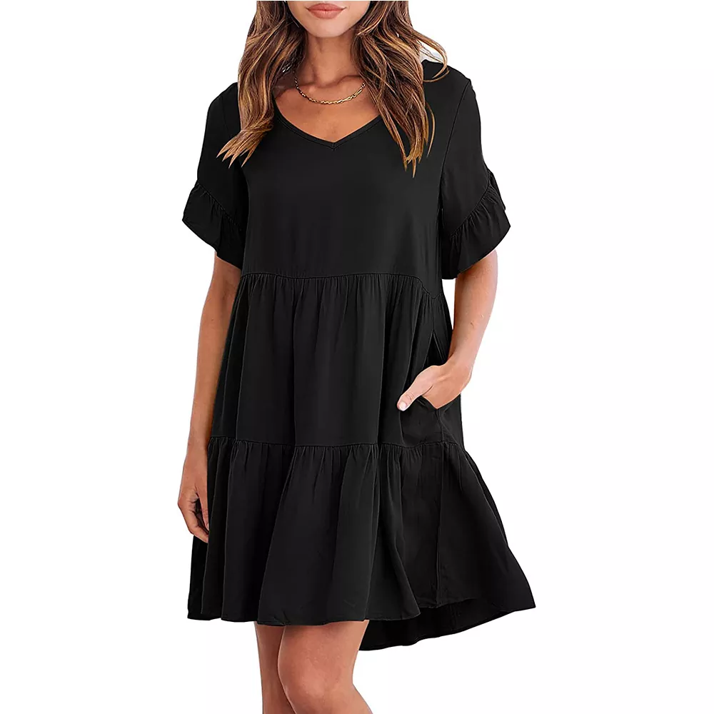 Minivestido casual com decote em V e manga de renda com babados