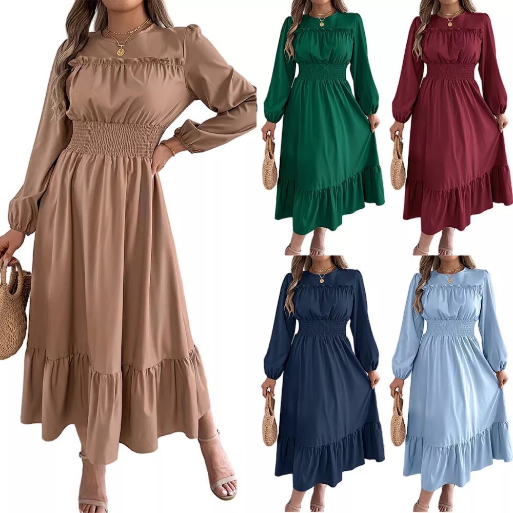 Vestido maxi plissado elegante com bainha com babados e amarração na cintura