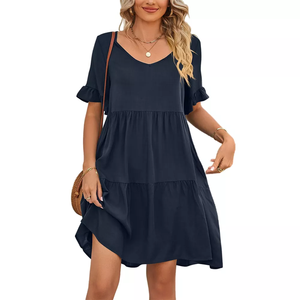 Casual V-neck Ruffled Lace Sleeve Mini Dress