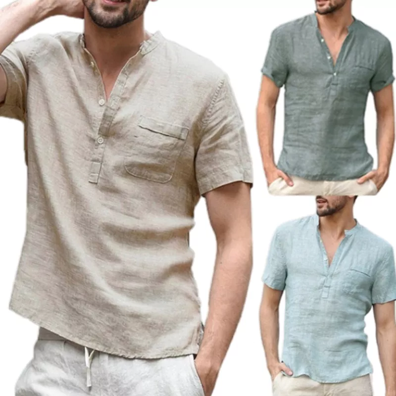 Camisa masculina de manga curta com gola sólida