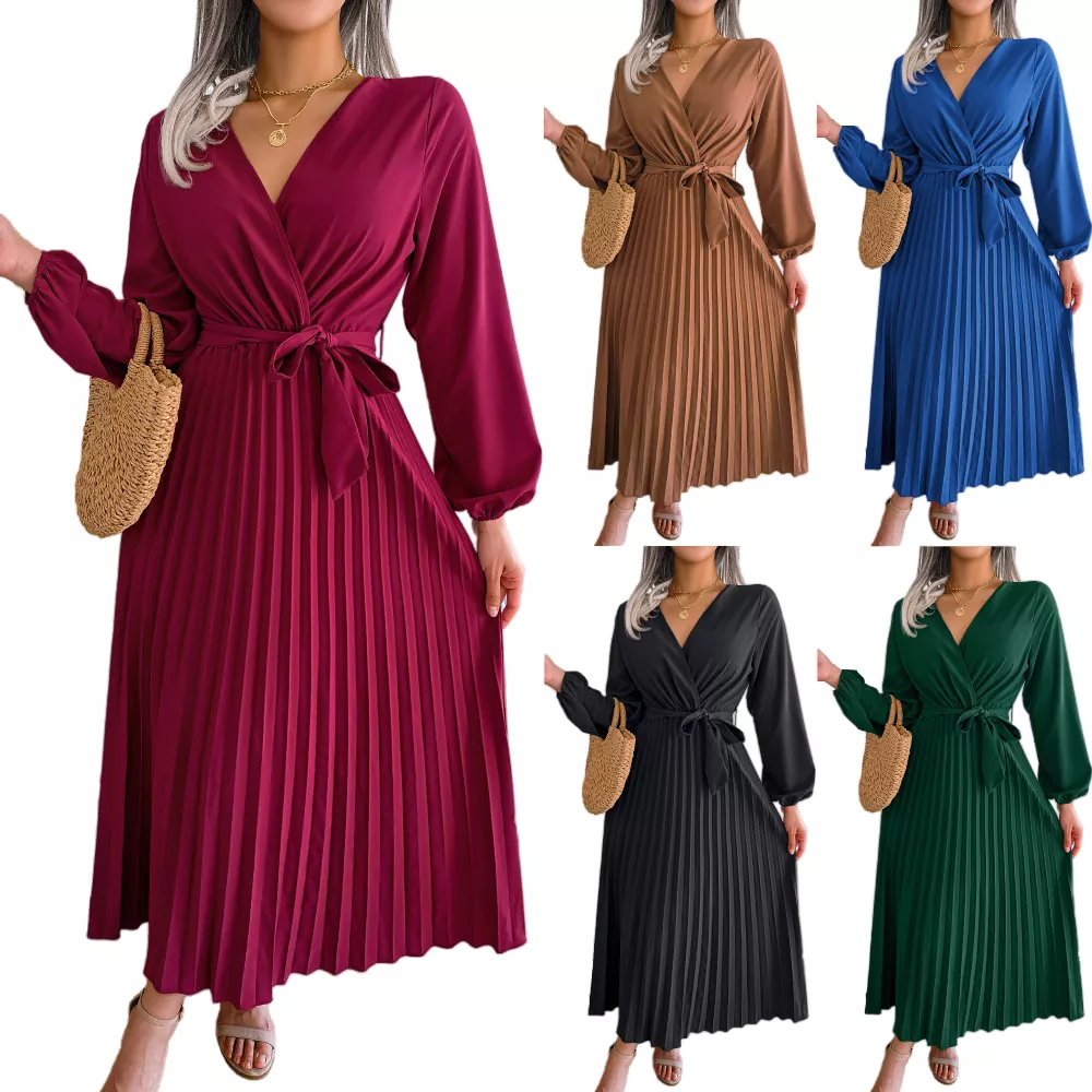 Vestido maxi com bainha plissada e decote em V