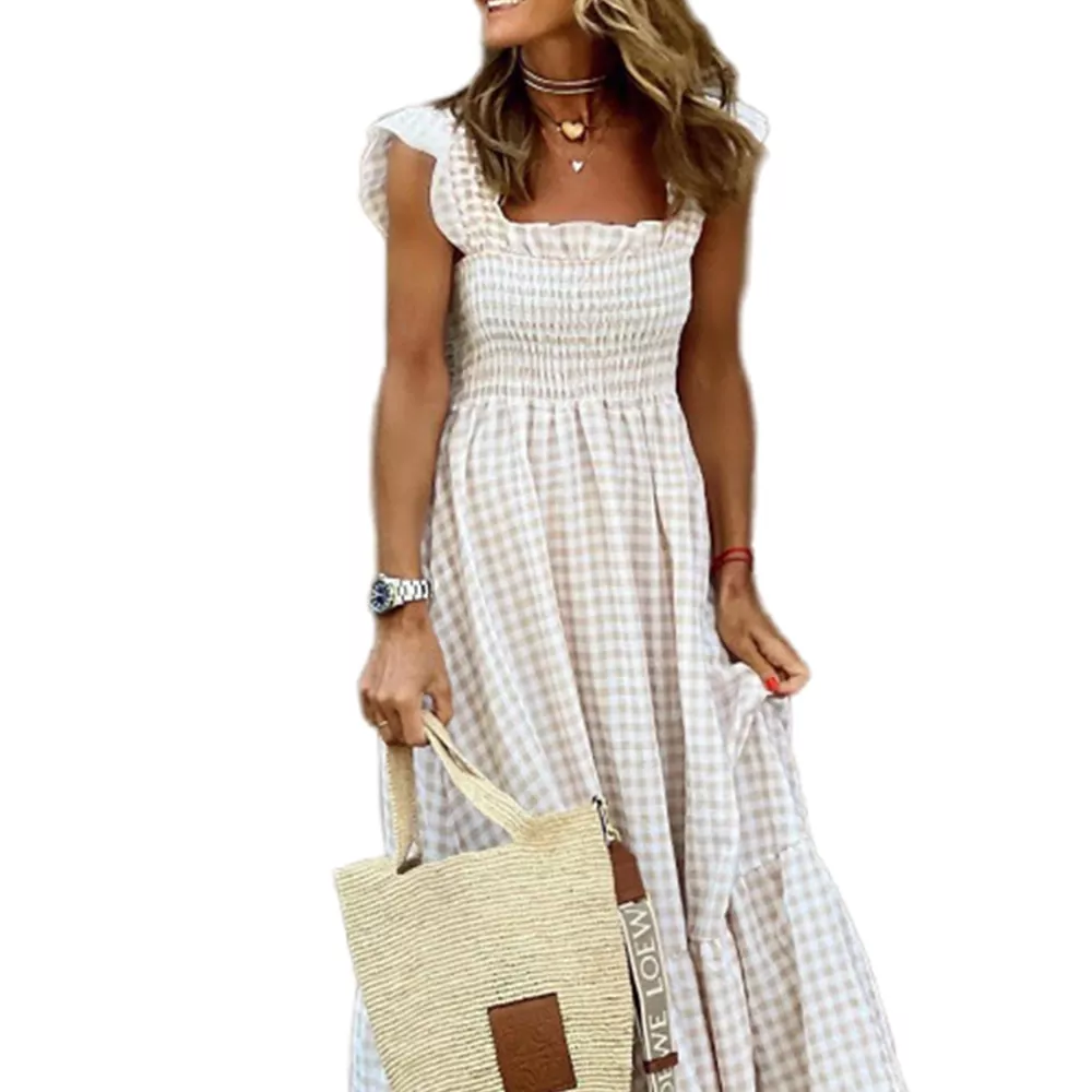 Vestido maxi de verão com alça e gola quadrada com babados