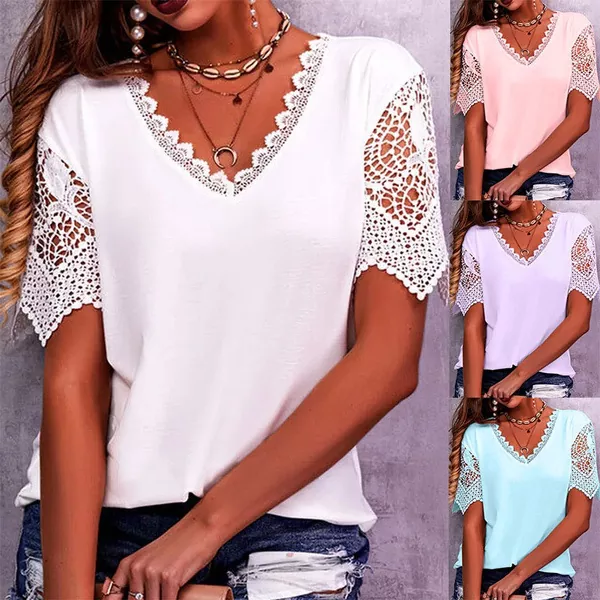 Camiseta feminina de verão com renda e decote em V