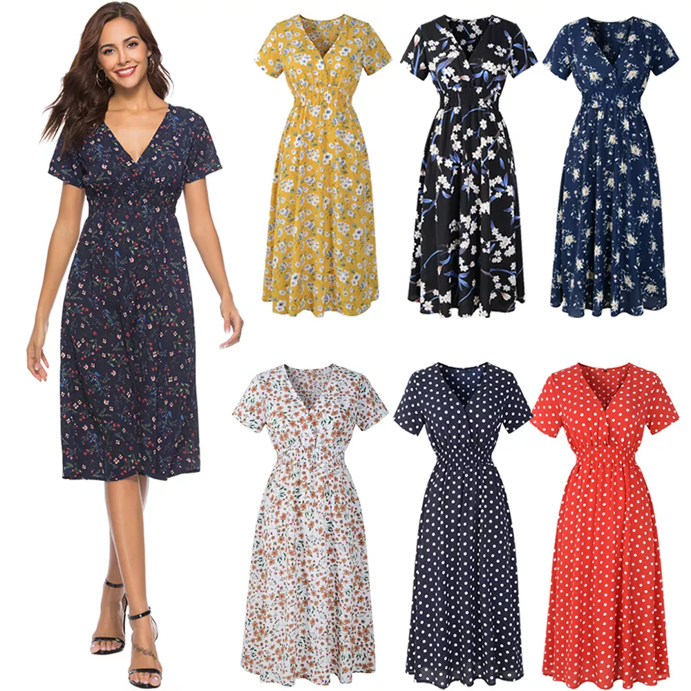 Vestido maxi floral macio de verão com decote em V